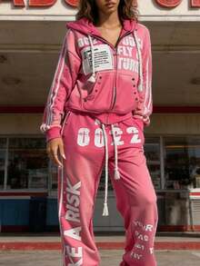 Two Piece Set Women Hip Hop Loose Streetwear Set Women Hooded Sweatshirt Long Pants Casual Outfit - áo hoodie màu hồng - Xem 1