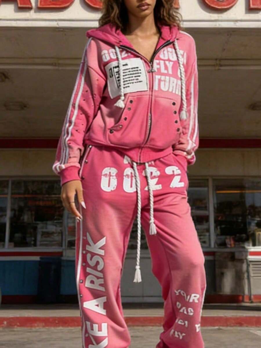 Two Piece Set Women Hip Hop Loose Streetwear Set Women Hooded Sweatshirt Long Pants Casual Outfit - áo hoodie màu hồng - Xem 1