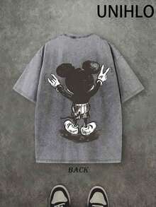 Disney UNIHLO   Mickey   Printed Summer Heavyweight Retro Washed Street Fashion Casual T-Shirt - 灰色 - 查看 3