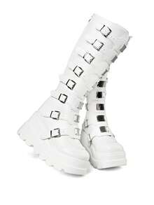 Gothic Knee High Boots For Women Round Toe Wedge Heel Zipper Y2K Punk Platform Booties Party Shoes Nightclub Riding Casual Summer Womens Combat Boot - 白色 - 查看 4