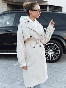 Damen-Trenchcoat mit doppelter Knopfleiste, knielang, normale Passform, Polyestergewebe, glattes Futter, Seitentaschen, klassischer Stil. - Beige - Übersicht 6