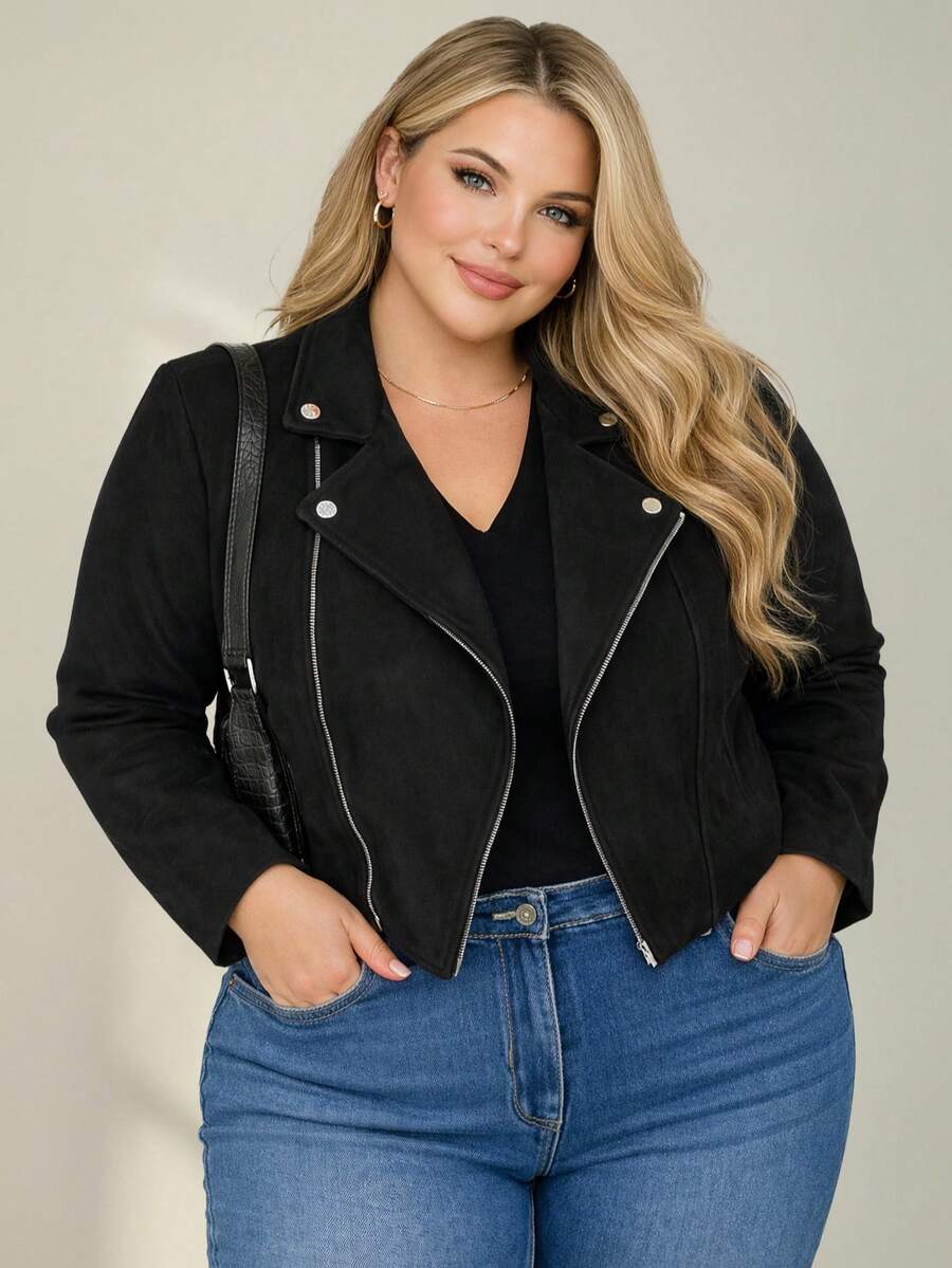 Stylish Plus Size Women's Suede Jacket With Buttons And Zipper, Silver, Comfortable Style, Casual Winter Jacket With Zipper. - 黑色 - 查看 1