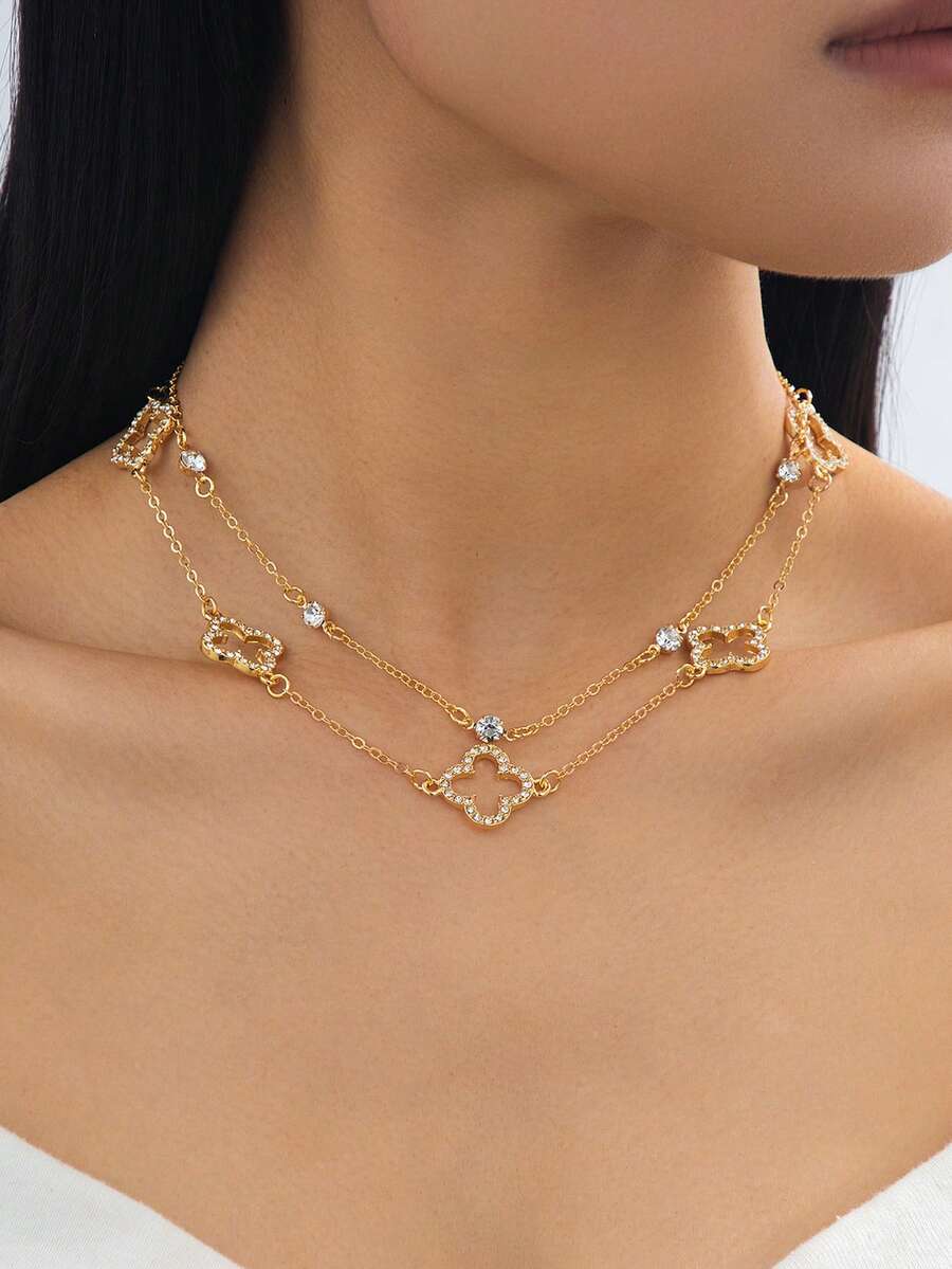 1件装奢华镂空闪亮四叶草吊坠多层项链，女士款，优雅别致 - 金黃色 - 查看 1