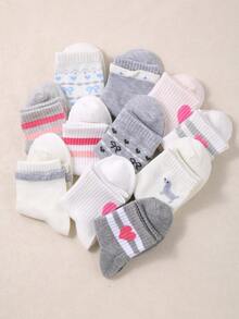 5/10 Double Striped Heart-Shaped Children's Mid-Calf Socks, Girls' Daily Fashion, Casual Sports, School Style, Suitable For Outdoor Travel, Running, Playing Basketball, Indoor Campus Parties, Gatherings And Other Scenarios. They Can Be Used As Birthday Gifts, Festival Gifts, Children's Day Gifts - 彩色 - 查看 10