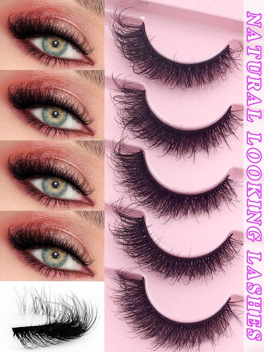 ENCHUW 5 Pairs Wispy Natural Look Eyelash Soft Band Faux Mink Lashes Fluffy Extension Reusable False Eyelashes Makeup - Cat Eye Lashes - View 1