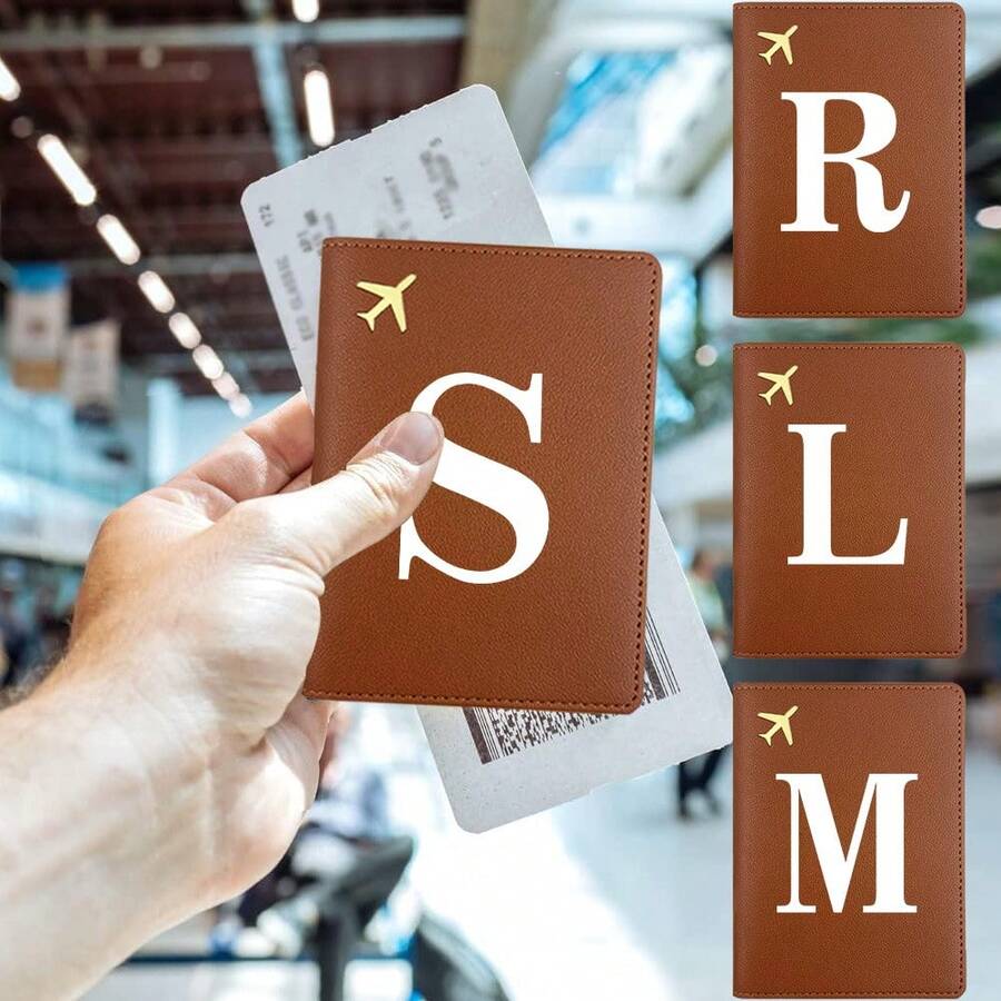 护照套 PU 旅行护照夹 防尘 银行卡 现金 火车票套 便携式口袋卡包 旅行配件 婚礼 情人节礼物 返校必备 姓名首字母 26个字母图案 - 棕色 - 查看 1