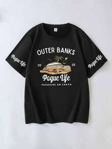 Plus Size Outer Bank Graphic Print Casual Round Neck Short Sleeve T-Shirt, Minimalist Design For Everyday Wear Black Summer - Black - View 2