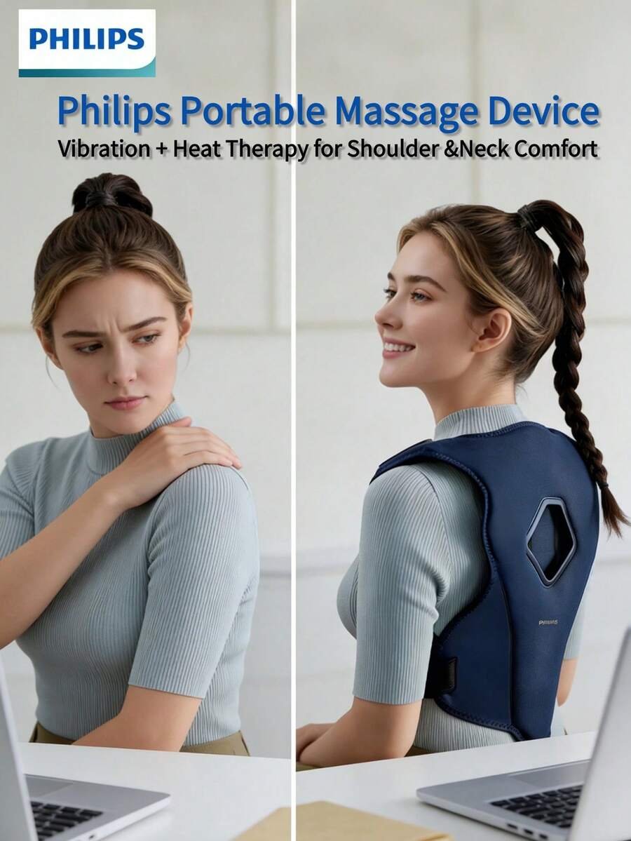 PHILIPS 飞利浦一体式颈背按摩器，矫正驼背姿势，缓解肌肉紧张，肩颈热疗，振动6点按摩，是送给朋友和男友的完美礼物，型号PPM5601B，适合父母/朋友/女性使用。