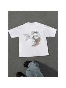 Men's Y2K Graphic Cotton T-Shirt, Soft Crew Neck With Artistic Star Design, Casual And Summery Style, Machine Washable, Comfortable Garment - White - View 1
