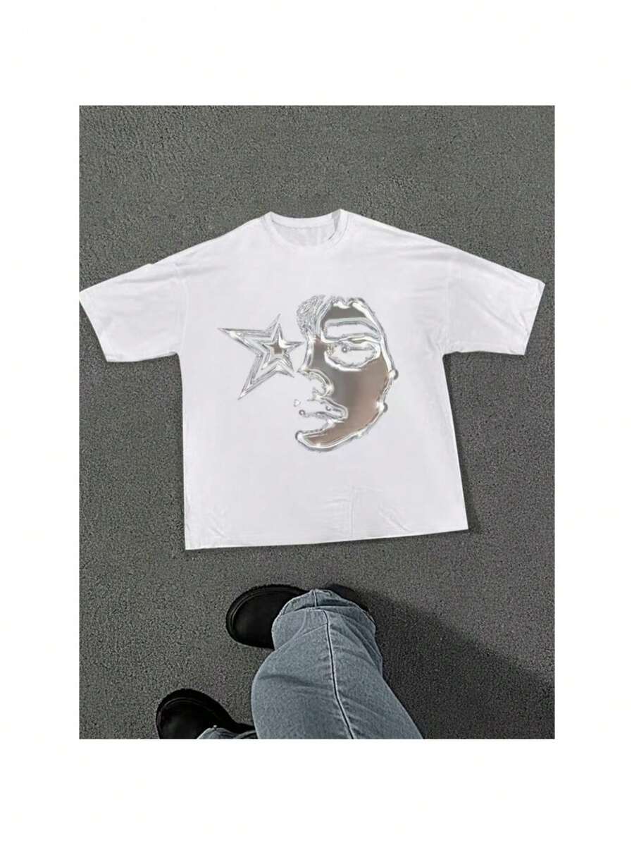 Men's Y2K Graphic Cotton T-Shirt, Soft Crew Neck With Artistic Star Design, Casual And Summery Style, Machine Washable, Comfortable Garment - White - View 1