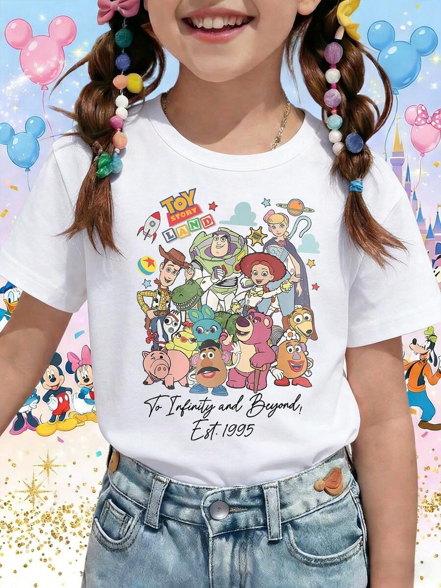 Disney Toy Story Land Characters Group Woody Buzz Infinity Beyond Printed Pattern T-Shirts For Girls - Children's Clothing Design Short-Sleeved Casual And Cute Style Comfortable And Casual Wear All Year Round Suitable For Parties And Play Machine Washable Gift Children's Clothing Girls' Short-Sleeved Shirts - 白色 - 查看 1