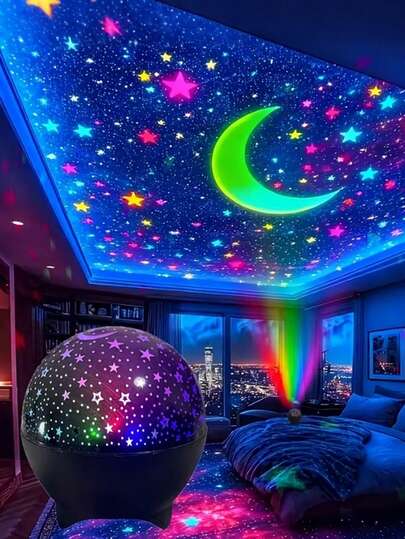 1个梦幻星空月亮投影灯 - USB供电，多色灯光效果，为卧室、游戏室和办公室派对营造浪漫氛围，LED氛围音乐同步变色投影灯