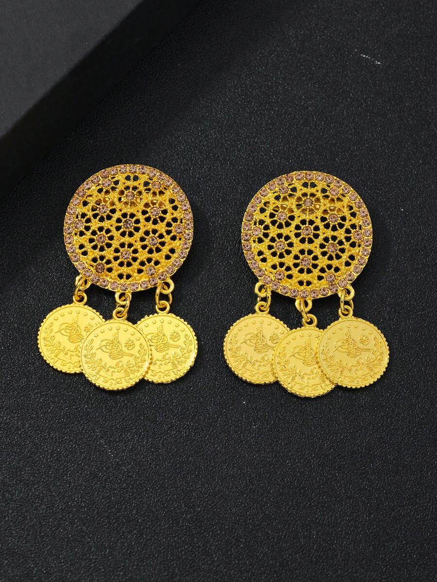 1 Set Of 2 Gold Rhinestone Coin Tassel Pendant, Women's Rhinestone Arabic Style Headscarf Brooch Accessory - Gold - View 1