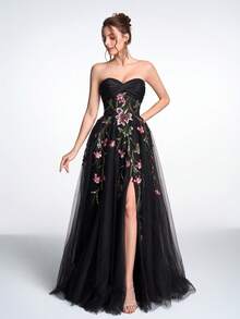 Elisanya Anymoon Elegant Black Floral Sequins Bead Embellished Structured Satin Strapless Lace-Up Back Slit Ball Gown For Wedding Receptions, Red Carpet Events, Company Parties, Prom, Ramadan Celebrations Party - Black - View 3