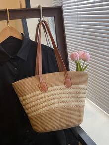 1pc Large Capacity Casual Patchwork Straw Tote Bag, Portable Shoulder Handbag Suitable For Beach, Vacation, Travel, Great Gift For Family, Friends, Loved Ones - Multicolor - View 3