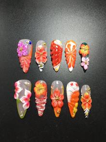 10片装，3.3厘米，手工制作，精致高跟鞋造型，饰以水钻、水滴、条纹和花瓣装饰，预裁切美甲套装，适合女性和女孩，是情人节、派对、节日和日常佩戴的理想之选。美甲配件、亚克力美甲套装，包含套装、手工压制美甲、假指甲贴纸和美甲用品。 - 彩色 - 查看 2