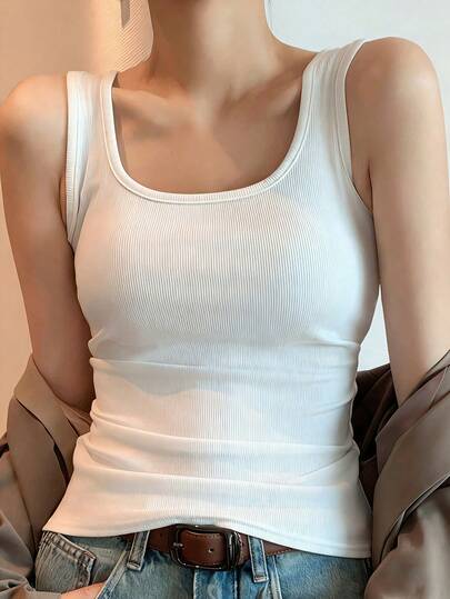 女士方领无缝吊带背心，基础款黑色修身无袖衬衫背心，内搭罗纹双层衬里吊带背心，细肩带上衣，简约衬衫，春夏运动服，宽肩带吊带背心，弹力运动服，U领户外背心，女士无袖打底衫，时尚日常穿着