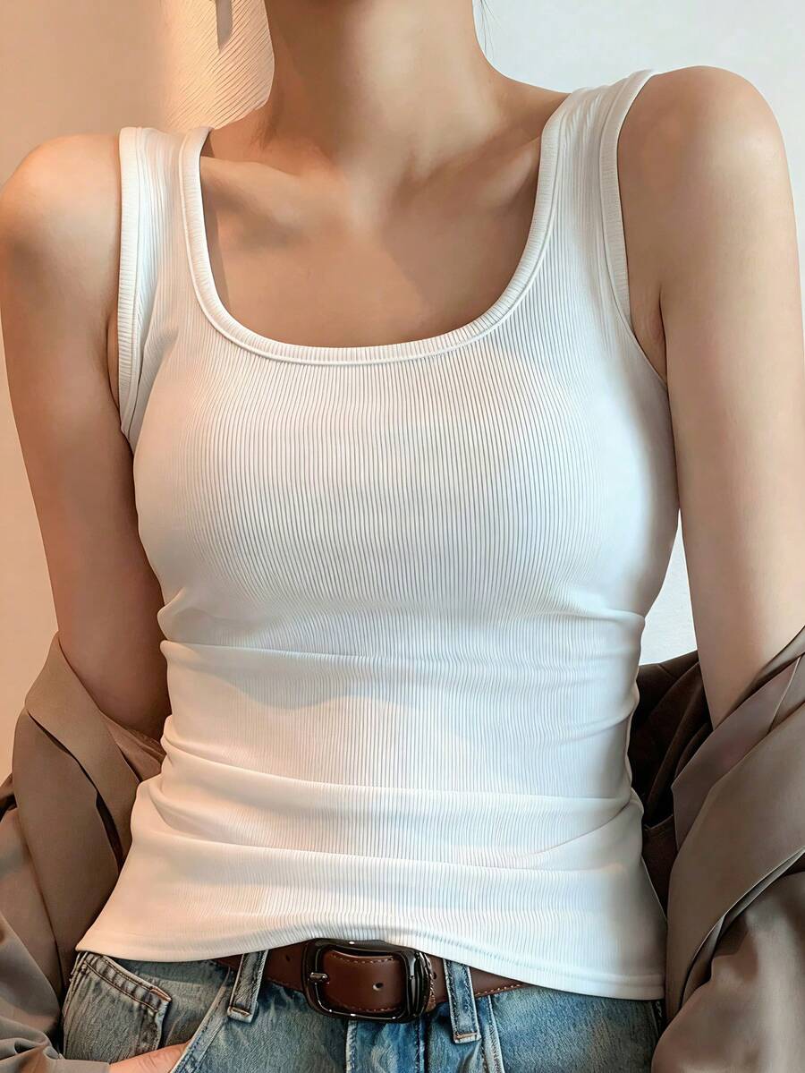 女士方领无缝吊带背心，基础款黑色修身无袖衬衫背心，内搭罗纹双层衬里吊带背心，细肩带上衣，简约衬衫，春夏运动服，宽肩带吊带背心，弹力运动服，U领户外背心，女士无袖打底衫，时尚日常穿着 - 白色 - 查看 1