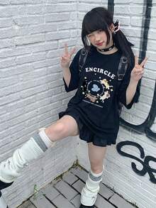 2026 Summer New Women's Round Neck Casual Loose Cute Cat & English Letter Print T-Shirt, Sweet Girl Student Commute Versatile Short Sleeve Tee, 1pc - Black - View 2