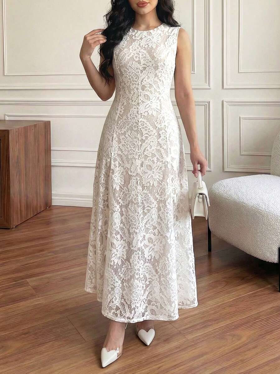 Đầm ren ôm dáng không tay thanh lịch dành cho nữ, thích hợp mặc thường ngày, hẹn hò, đi làm vào đầu xuân hè. - Pearl White - Xem 1