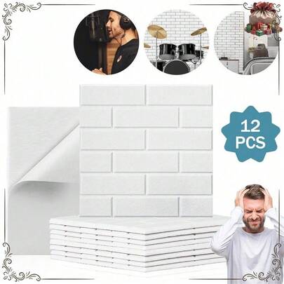Brick-Style Acoustic Panel Set – 12 Adhesive Sound-Absorbing Tiles For Noise Reduction In Recording & Gaming Spaces – Essential For Content Creators & A Practical Home Office Gift