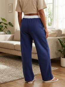 Women's Baggy Sweatpants Stylish Letter Print Mid Rise Wide Leg Drawstring Trousers For Fall And Winter - Azul Marino - Ver 6
