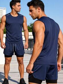 2pcs/Set Men Sports Casual 2 In 1 Sweatpants, Sleeveless T-Shirt Top, Running, Fitness, Training Suit Pants, Outdoor Training Vest Sleeveless Top - 藏蓝色 - 查看 6