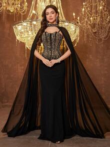 SUPGIR Women's Round Neck Flowy Sleeve Sequin Embroidery Fitted Chiffon Evening Dress - Black - View 5