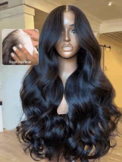 黑色短款波浪波波头假发，180%密度，耐热合成纤维混纺人发，带婴儿发，预拔毛自然发际线，预漂白，无结设计，10-34英寸