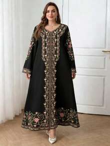 Plus Size V-Neck Printed Vintage Loose Plus Size Long Sleeve Maxi Dress, Suitable For All Seasons Black Spring Elegant - Black - View 1
