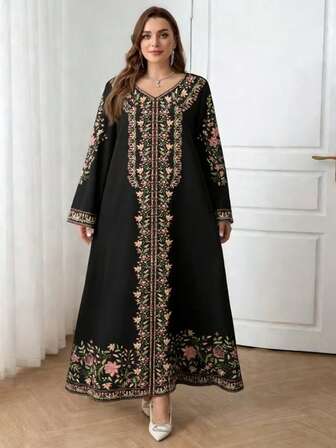 Vestido maxi de manga larga con cuello en V, estampado, holgado y de talla grande, adecuado para todas las estaciones, color negro