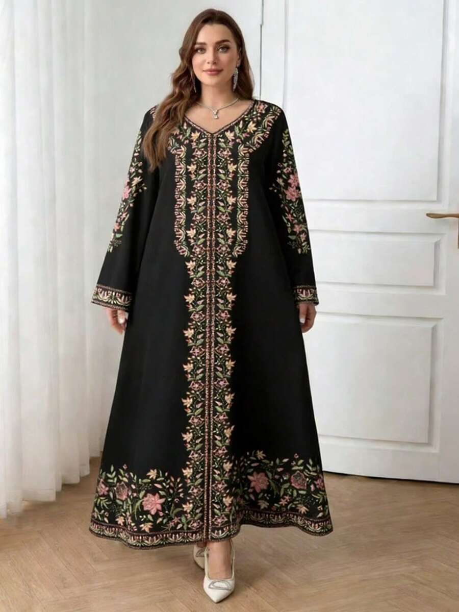 Plus Size V-Neck Printed Vintage Loose Plus Size Long Sleeve Maxi Dress, Suitable For All Seasons Black Spring Elegant - Black - View 1