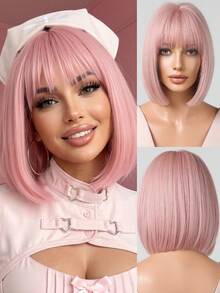 12 Inch Pink Bobo Wig With Bangs, Women's Heat Resistant Y2K Style, Suitable For Parties And Cosplay - Pink - View 12