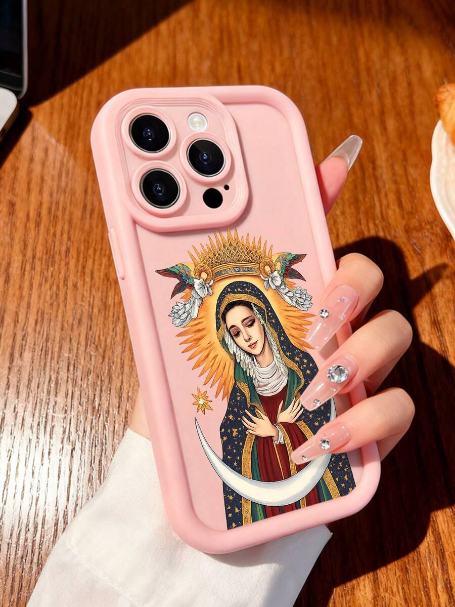 Virgin Mary Phone Case, Religious Style, Phone Case For IPhone 17 Pro Max 17 Air 17Pro 16 15 14 13 12 11 Pro Max, Holy Mother Gift, Divine Virgin Mary Design, Starry Mantle Theme, Angelic Serenity, Mother Gift Idea, Religious Art Present, Sacred Icon Protection - Hồng - Xem 1