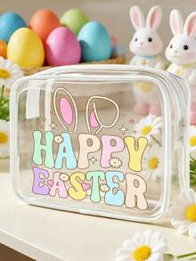 Felices Pascuas, Bolsa de cosméticos con estampado de conejo de Pascua, disponible en tamaños grande y pequeño, bolsa organizadora de viaje con cierre de cremallera de PVC, bolsa de maquillaje y artículos de tocador ligera y resistente a la decoloración para mujeres y niñas - Multicolor - Ver 2