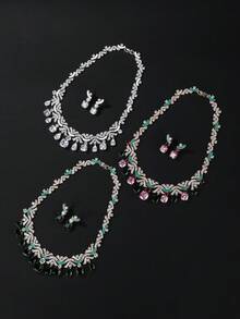 Bộ 3 món trang sức cao cấp bằng đồng khảm đá Cubic Zirconia, gồm dây chuyền và bông tai, thích hợp cho tiệc cưới, phối cùng váy cưới và váy dạ hội, làm quà tặng ngày lễ và sinh nhật. - Phong cách trang sức - Xem 4