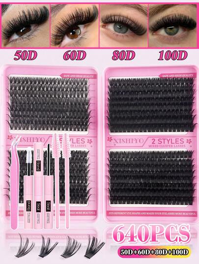 640 Clusters D Curl Individual Lash Clusters 10D20D30D40D50D60D80D100D, 10-16MM Mixed Style Lash Kit DIY At Home Grafting Lash Clusters Book, Diy Long-Lasting Eyelash Extensions, High Capacity Natural Clusters Lashes With Eyelashes Glue, Tweezer, Eyelash Brushes Kit, Easy To Use For Starter Makeup Beauty, Enlarge Eyes False Lashes Extensions Suit Suitable For Daily Outings, Travel, Photography, Gatherings, Weddings, Travel Carry And Makeup