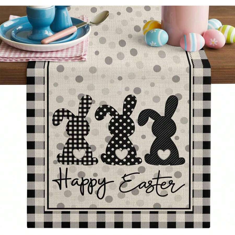 1 件复活节兔子桌旗，33 x 183 厘米，黑色波点格子亚麻春季桌布，防滑耐热，适用于厨房餐桌装饰，室内外家居派对装饰 - 黑與白 - 查看 1