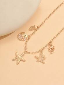 1 pieza Collar colgante con estilo de océano de verano, joyería de metal con estrella de mar, concha y pulpo de moda para vacaciones en la playa, adecuado para uso diario, viajes a la playa y sesiones de fotos - Multicolor - Ver 3