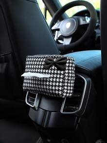 1pc Houndstooth Bow Tie Car Tissue Box, Houndstooth Car Sunvisor Tissue Holder, Multi-Function Napkin Box Auto Accessories - A - View 9