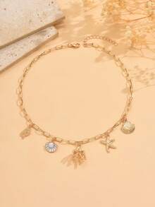 1 Stück Sommer Ozean Stil Schmuck Halskette mit Koralle, Seestern, Muschel, Konchen Anhänger Kombination, goldfarbene Schlüsselbein-Kette, geeignet für den täglichen Gebrauch, Strandurlaub, Date, Party, Reise - Gold - Übersicht 2