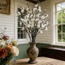Eight Pure White Artificial Plum Blossoms, With Full, Three-Dimensional Shapes That Are Resistant To Fading. These Lifelike Flowers Are Perfect For Weddings, Parties, Home Décor, Outdoor Garden Decorations, And Exhibitions, Making Them The Best Gift Choice. - Hua-002-8-bai - View 6