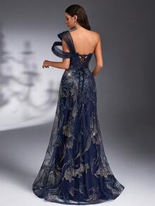 IBTRLY New High-End Luxury Elegant Navy Blue Heavy Beaded Sequin Embroidered Fabric Evening Gown With 3D Shoulder Design, Suitable For Formal Dinner, Party, Bachelorette Party, Wedding, Birthday Party, Homecoming, Ceremony, Ball, Mother Of The Bride - Navy Blue - View 4
