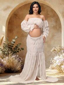 JustVH 2pcs Maternity Ruched Chiffon Cold-Shoulder Top With Bishop Sleeves And Sheer Slit Skirt Set, Suitable For Photography And Baby Shower Spring - Khaki - View 4