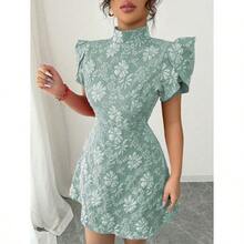 Women's Vintage Red Textured Fabric Puff Sleeve Elegant High Collar Back Button Bow Contrasting Cutout Waist Design Slim Short Sleeve Mini Dress, Fashionable Summer - Màu xanh Bạc hà - Xem 4