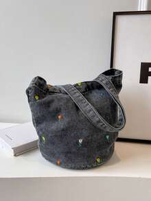 Vintage Denim Floral Embroidery Versatile Shoulder Bag, Student Lunch Bag, Bucket Bag For Women - Black - View 6