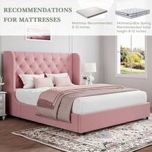 Full Bed Frame With Velvet Button-Tufted Headboard , Upholstered Bed Frames, Soft Fabric, Button Tufted Headboard With Windback, Curved Wingback Design,  Queen Bed Frame/ King Bed Frame/ Full Size Bed Frame, Pink/ White/ Grey - 粉色 - 查看 4
