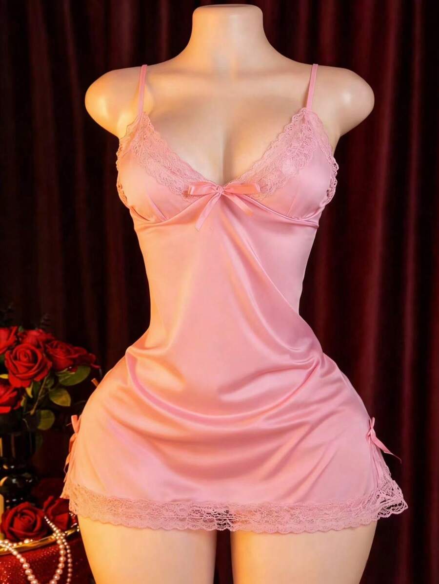 Lace Side Slit Camisole Sleep Dress, Desire Small Bust Date Set, Bed Passion Strapless Robe, Bold Exotic Style, Attractive Underwear, Home Wear, New Valentine'S Day Lingerie - 粉色 - 查看 1