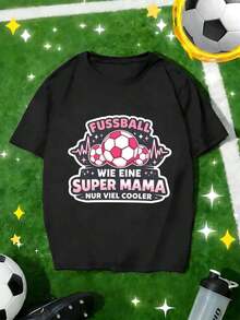 Super Mom Soccer Player Graphic Tee For Fall, Crew Neck, Loose Fit, Hip Hop Street Style, Relaxed Fit, Art Print - Black - View 1