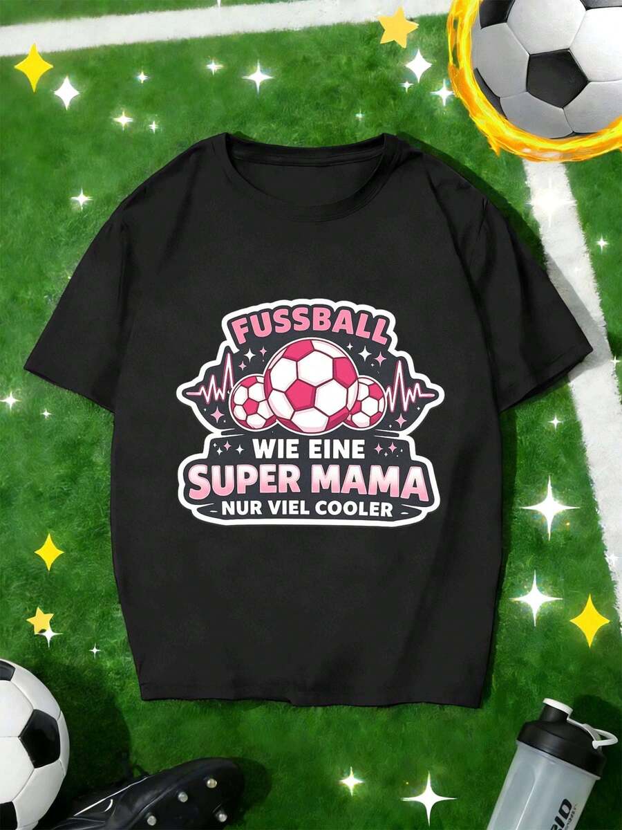 Super Mom Soccer Player Graphic Tee For Fall, Crew Neck, Loose Fit, Hip Hop Street Style, Relaxed Fit, Art Print - Black - View 1